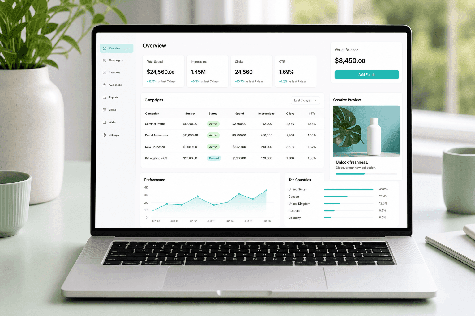 Campaign dashboard on a laptop, representing advertiser buying